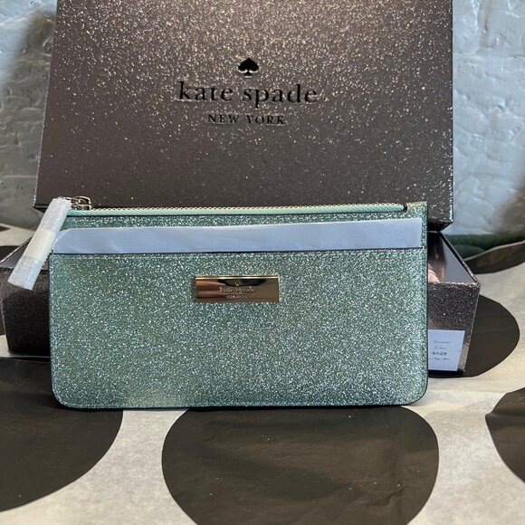 Green Kate Spade Kenzie Glitter Large Slim Card Holder / Wallet RARE COLOR - Picture 2 of 5